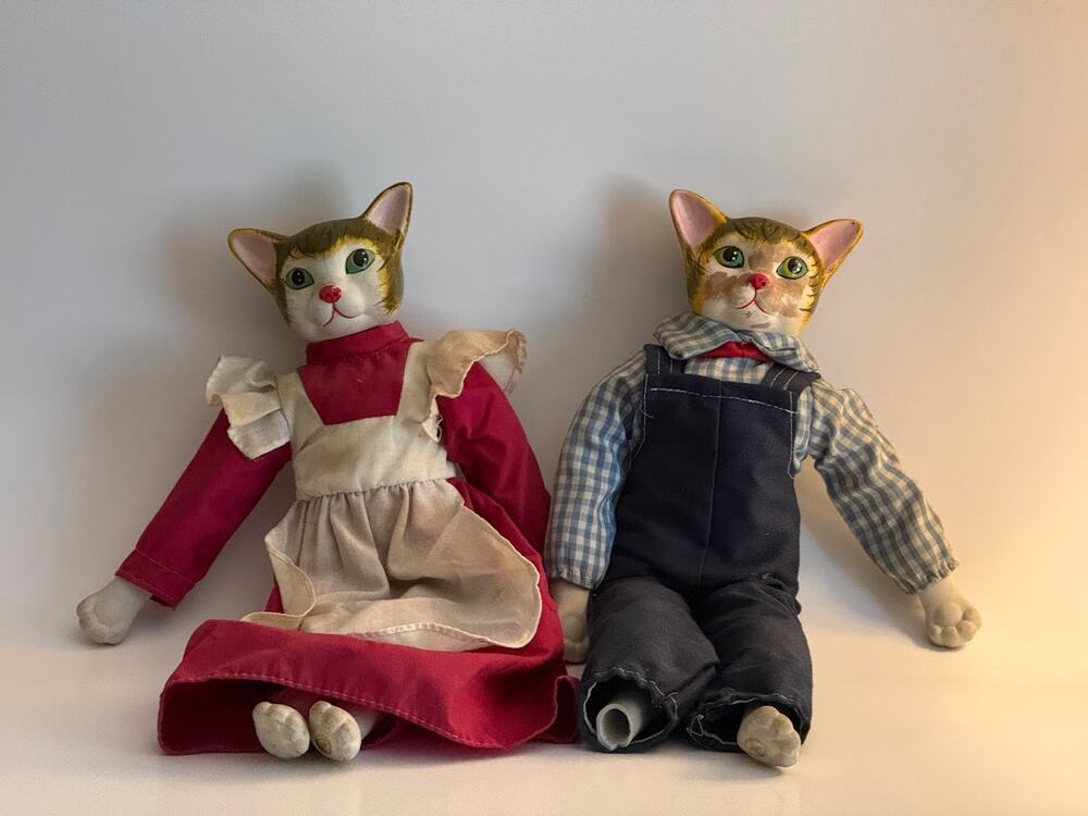 Vintage Prestige Porcelain Cat Head Dolls Matching Pair Girl and Boy